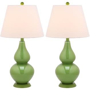 Safavieh  26 Green Glass Metal Table Lamp  Cream Hardback Linen Shade