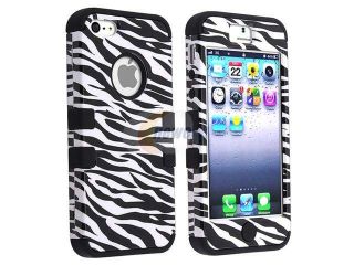 Insten Black Skin / Black White Zebra Hard Hybrid Rubber Case Cover + 2 LCD Kit Mirror Film Guard Compatible With Apple iPhone 5 / 5s 834297