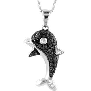 Sterling Silver with 1/4 cttw Black and White Diamond Dolphin Pendant