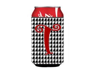 Letter T Initial Monogram   Houndstooth Black Can or Bottle Beverage Insulator Hugger