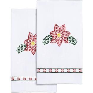 Stamped White Decorative Hand Towel 17X28 One Pair Poinsettia   Home