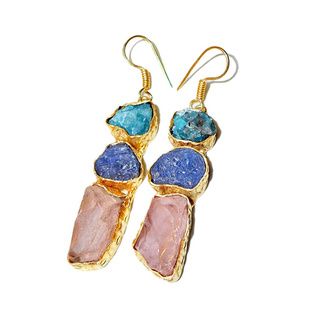 Aqua, Tanzanite, Rose Quartz Rough Gemstone Goldplated Earrings (India