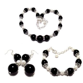 Jet Black Crystal and White Moonscape Crystal Pearl 4 piece Jewelry