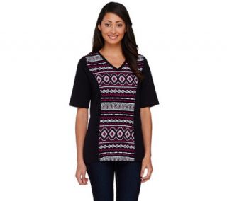 Denim & Co. Tribal Printed Elbow Sleeve Colorblock T shirt —