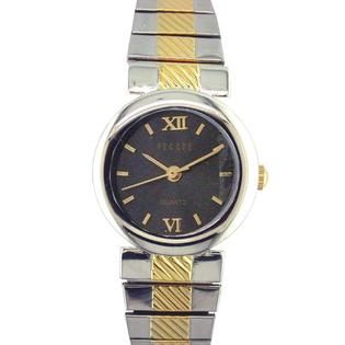 Decade Ladies Watch with Round Silver Case, Black Dial & Two Tone Link