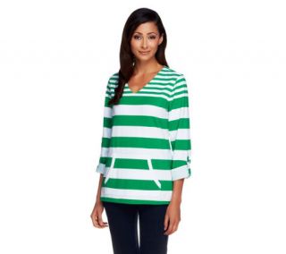 Susan Graver Weekend Striped Stretch Cotton Top with Roll Tab Sleeves —