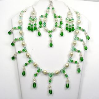 Silverplated Fern Green Crystals and Cream Glass Pearls Jewelry Set