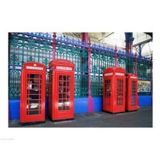 Four telephone booths near a grille, London, England Poster Print (24 x 18)