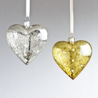 Etched Mercury Glass Heart Ornaments, Set of 2