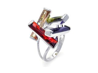 925 Sterling Silver Ladies Jewelry Open Square Multi Color Cubic Zirconia Ring