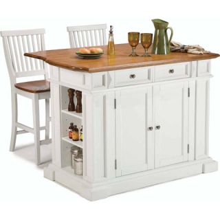Kitchen Island with Stools (White and Distressed Oak)