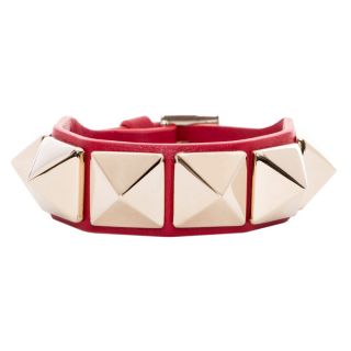 Valentino Macro Pyramid Stud Red Leather Bracelet