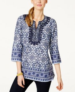 Charter Club Printed Embroidered Linen Tunic, Only at   Tops