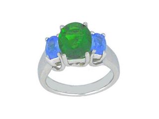 4 Ct Created Emerald & Tanzanite Oval Ring .925 Sterling Silver Rhodium Finish
