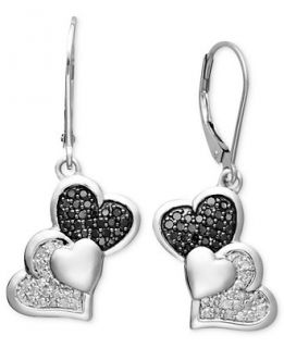 Treasured Hearts Black and White Diamond Heart Earrings in Sterling