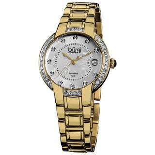 Burgi Womens Stainless Steel Diamond Date Gold Tone Bracelet Watch