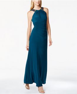 Xscape Ruched Beaded Halter Gown   Dresses   Women