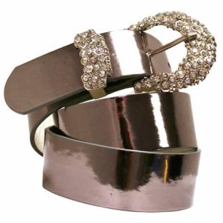 Luxury Divas Pewter Patent Leather Rhinestone Adorned Buckle Belt Size Small