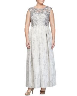Kay Unger New York Womens Cap Sleeve Lace Bodice Gown, Silver, Womens