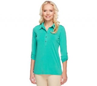 Susan Graver Liquid Knit Henley Top with 3/4 Roll Tab Sleeves —