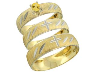 10k Gold 3 Piece Trio Yellow Sapphire Wedding Ring Set Him & Her 0.10 ct Rhodium Accent Diamond cut Pattern, Ladies Sizes 5   10 & Men's Sizes 8   14
