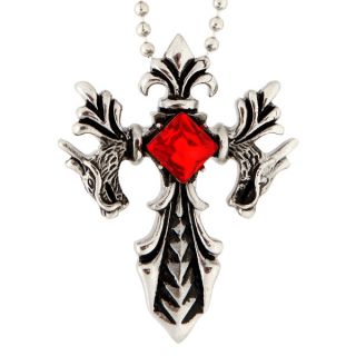 Stainless Steel Red Cubic Zirconia Dragon Dagger Cross Necklace