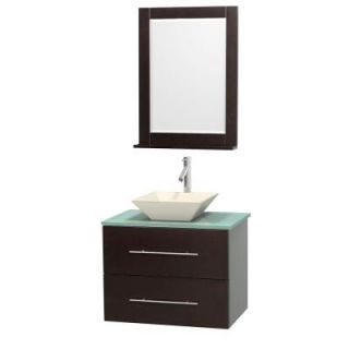 Wyndham Collection Centra 30 in. Vanity in Espresso with Glass Vanity Top in Green, Bone Porcelain Sink and 24 in. Mirror WCVW00930SESGGD2BM24