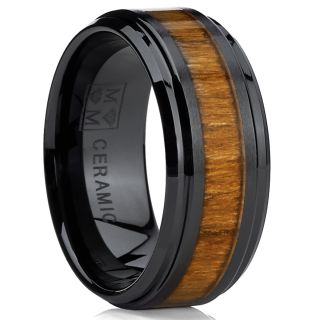 Oliveti Black Ceramic Ring Wedding Band with Real Koa Wood Inlay (9 mm