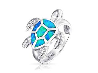 Bling Jewelry Sterling Silver Synthetic Blue Opal Inlay Nautical Sea Turtle Ring