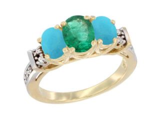 14K Yellow Gold Natural Emerald & Turquoise Ring 3 Stone Oval Diamond Accent