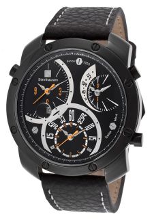 Men's Triple Crown Black Genuine Leather Black Dial