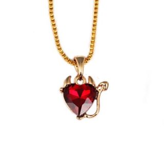 Yellow Gold Color Devil Heart Silver Plated Pendant with Red Crystal and 16" Box Chain