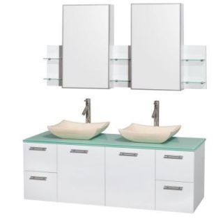 Wyndham Collection Amare 60 in. Double Vanity in Glossy White with Glass Vanity Top in Green, Marble Sinks and Medicine Cabinet WCR410060DGWGGGS2MED