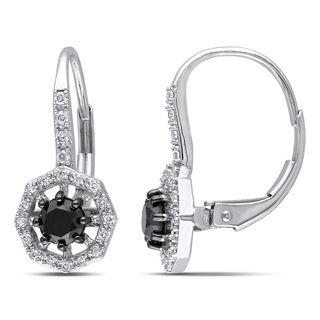 Auriya 14k White Gold Black and White Diamond Halo Leverback Earrings
