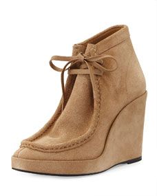 Balenciaga Suede Lace Front Wedge Boot, Camel