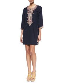 Figue Sophie Embroidered Cotton Tunic/Dress, Navy