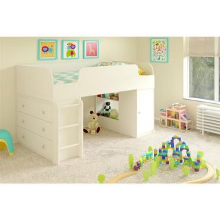 Altra Elements White Loft Bed with Dresser and Toy Box Bookcase by