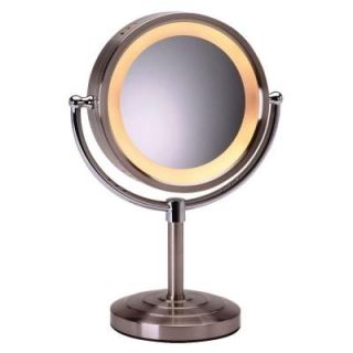 SEE ALL 8 1/2 in. x 15 in. Round Lighted 5X Magnification Pedestal Makeup Mirror in Nickel HLNTP85
