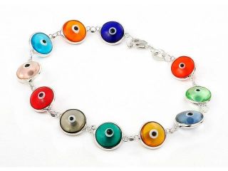 .925 Sterling Silver Nickel Free 10Mm Multi Color Transparent Glass Eye Bracelet 7"