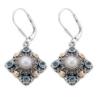 18k Gold and Silver Blue Topaz and Freshwater Pearl Cawi Earrings
