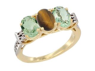 10K Yellow Gold Natural Tiger Eye & Green Amethyst Sides Ring 3 Stone Oval 7x5 mm Diamond Accent, sizes 5   10
