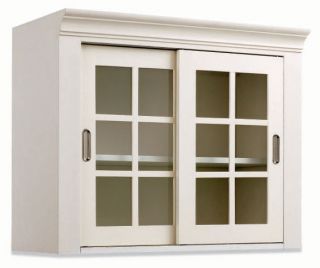 White Wall Storage Cabinet with Sliding Glass Doors  