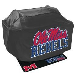 Ole Miss Runnin Rebels Black Polyester Grill Cover and Vinyl Mat Set