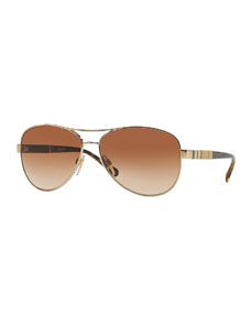 Burberry Check Temple Aviator Sunglasses, Matte Golden