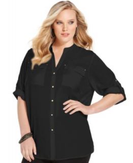 Calvin Klein Plus Size Roll Tab Sleeve Zip Front Blouse