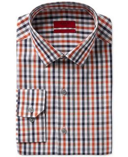 Alfani RED Fitted Performance Rust Navy Heathered Check Dress Shirt