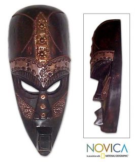 Sese Wood and Brass Patience African Mask (Ghana)   14259656