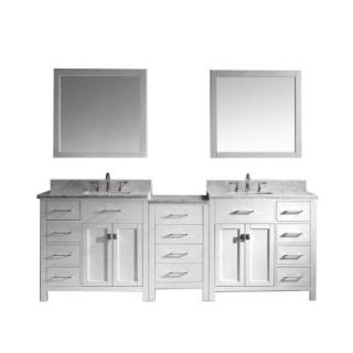Virtu USA Caroline Parkway 93 in. W x 22 in. D x 36 in. H Vanity with Marble Vanity Top in Carrara White with Basin and Mirror MD 2193 WMSQ WH