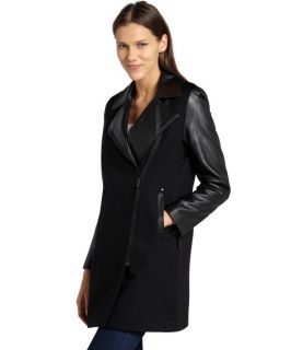 Vince Camuto Black Wool Blend And Faux Leather Mixed Media Zip Coat (324264201)
