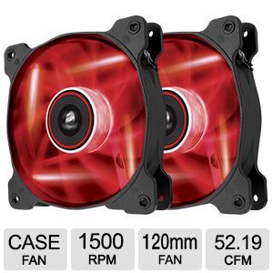 Corsair Air Series AF120 LED Red Fan   Twin Pack, 25.2dBA Sound Level, 52.19 CFM Airflow, 1,500 RPM Speed    CO 9050016 RLED
